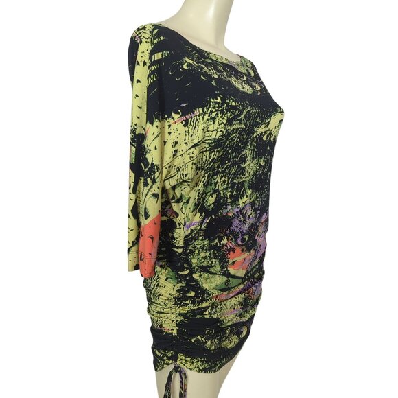 Julian Chang Abstract Art colorful Ruched Drawstring Mini Dress Dolman sleeves M - Picture 6 of 16